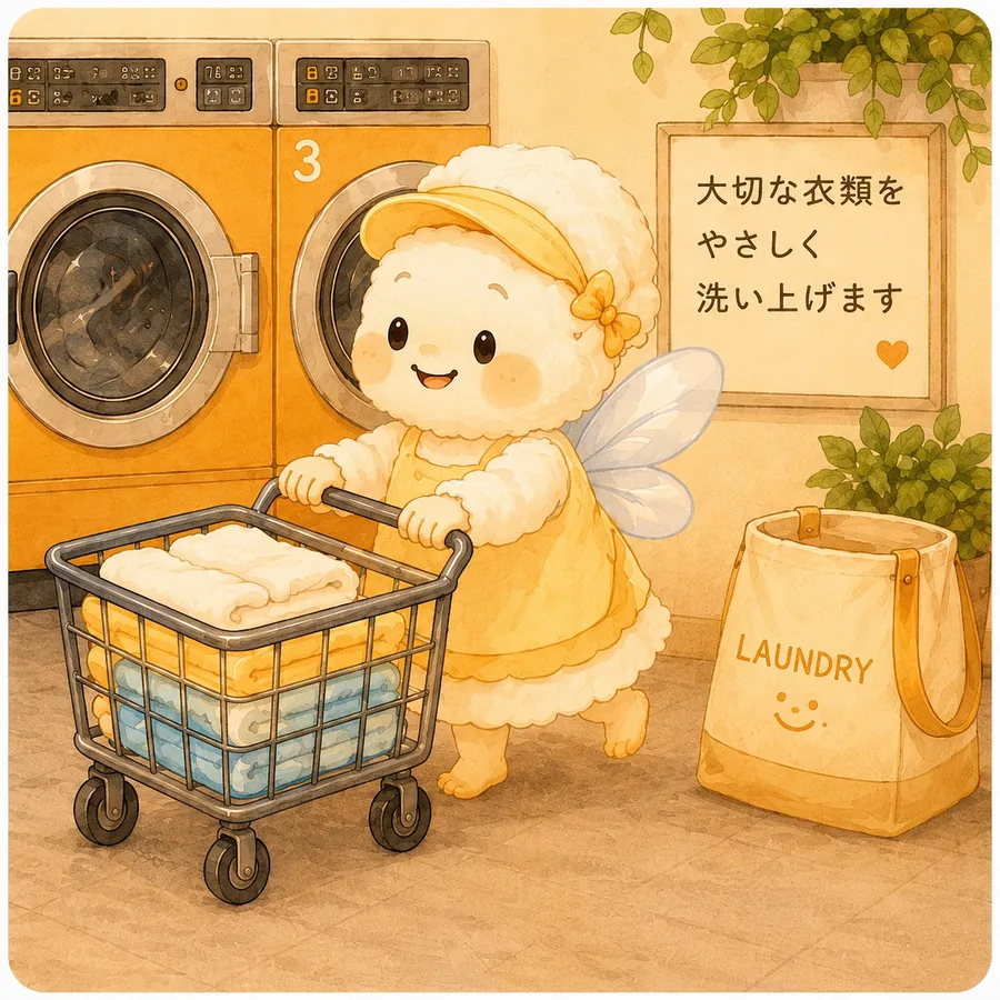 洗濯物を運ぶコインランドリー65のマスコット