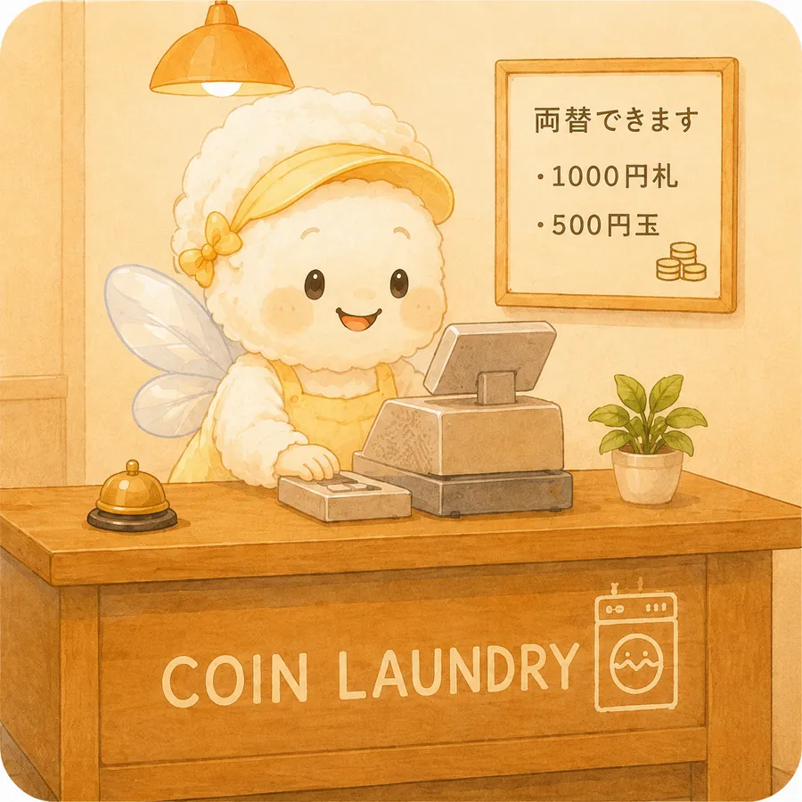 両替の案内をするコインランドリー65のマスコット