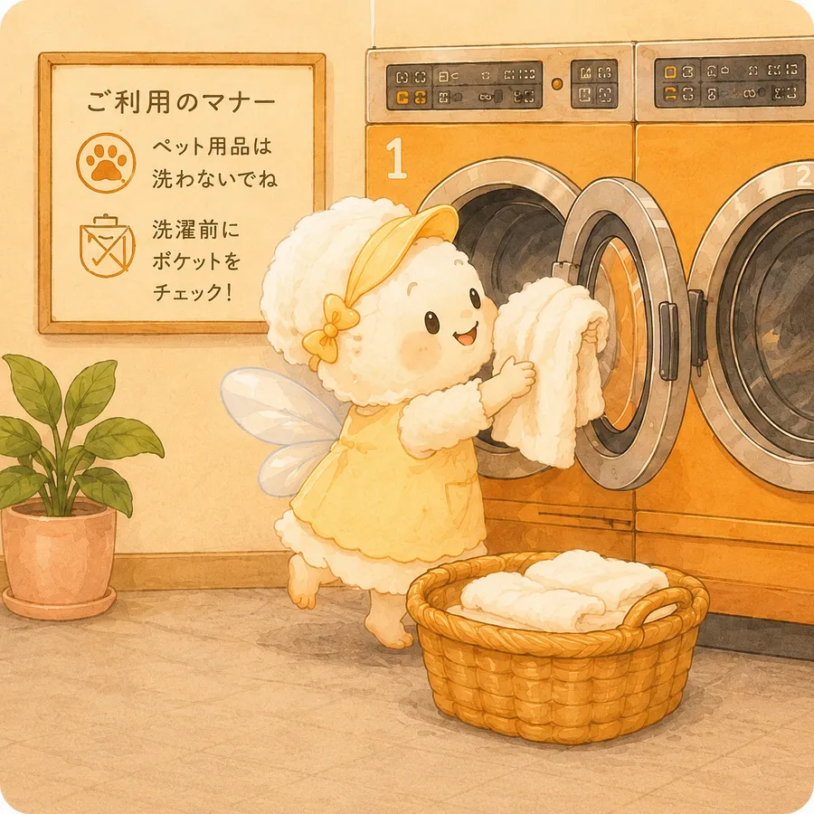 洗濯物を機械に入れるコインランドリー65のマスコット
